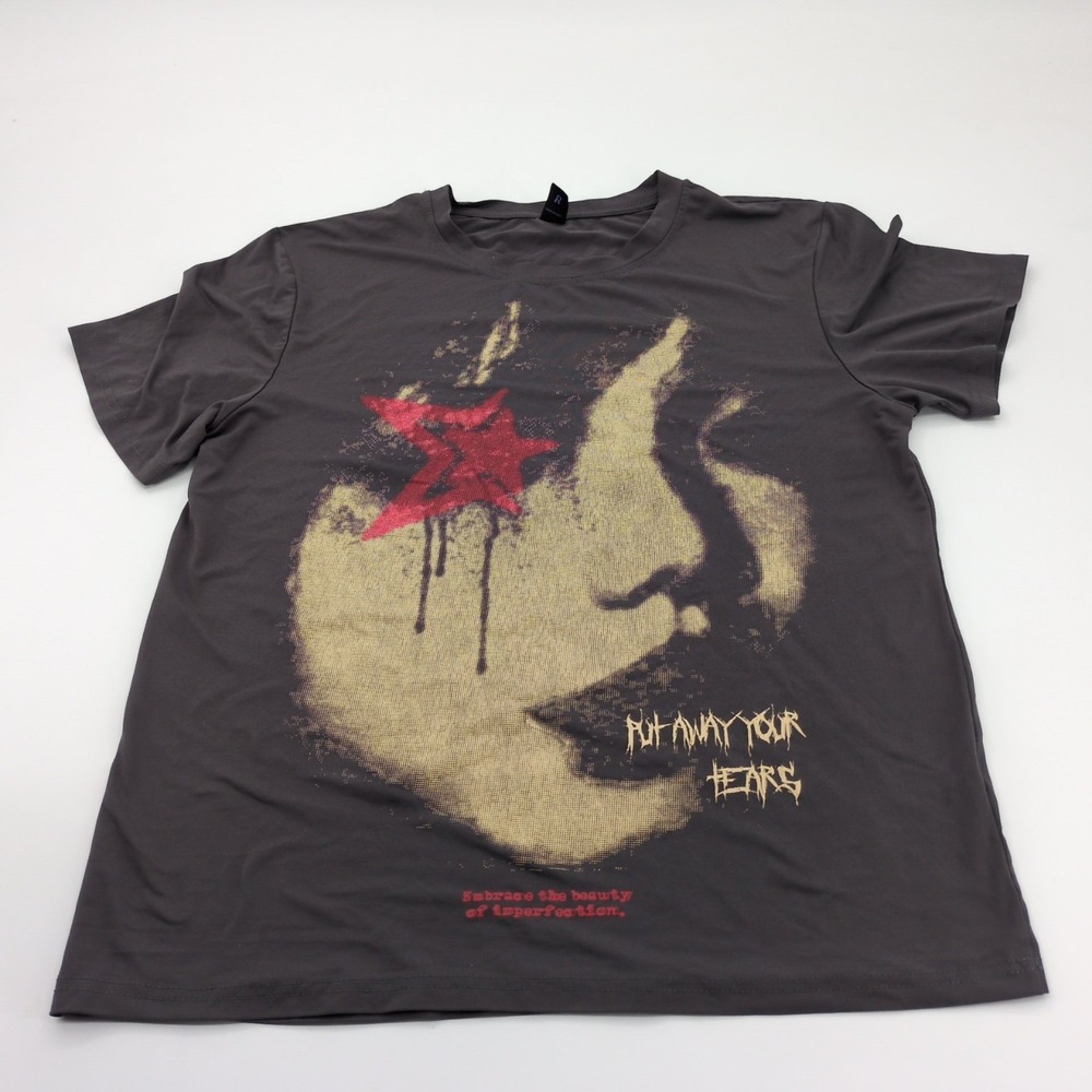 ROMWE Grunge Punk Graphic Tee Men Size Small Charcoal Portrait Star Streetwear